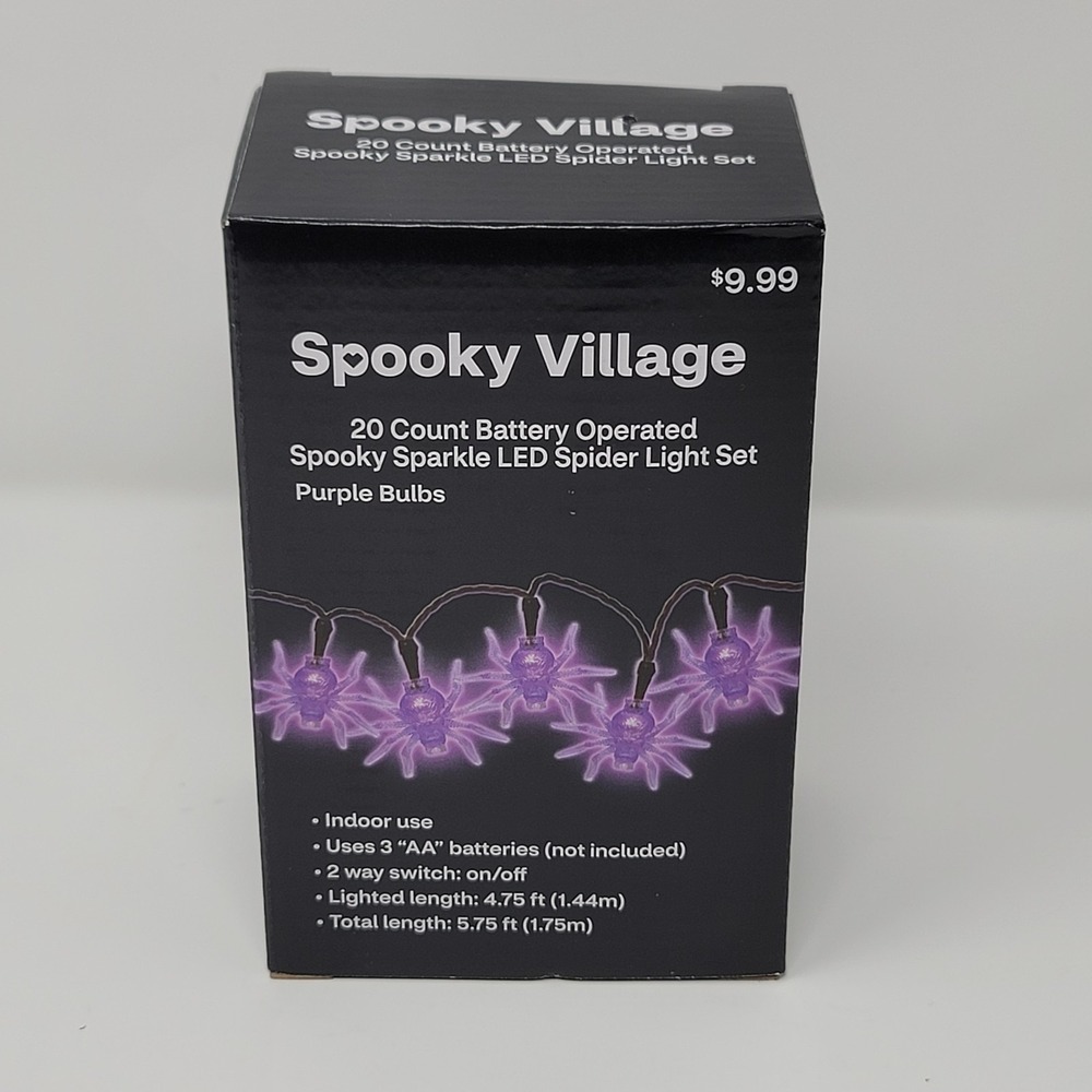 Spooky Village LED Spider Light Set Halloween 5.75ft Purple Bulbs 20 Count